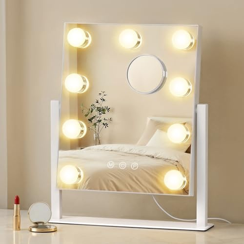 SONGMICS Hollywood Schminktischspiegel, mit Beleuchtung, 30,5 x 36 cm | Kosmetikspiegel, Touch-Steuerung, 3 Lichtfarben, dimmbar, 10x Vergrößerung, mattweiß, BERIT Kollektion LWM005WC02