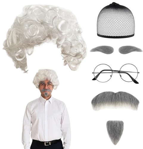 6-teiliges Set für Männer Perücke, Opa Kostüm, Bart, Brille und Augenbrauen, Realistisches Old Man Kostüm für Halloween, Weihnachten und Karneval