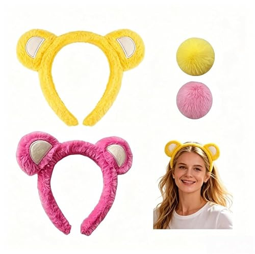 Accessoire de déguisement à thème animal, ensemble ours avec bandeau à oreilles et queue ajustable, accessoire pour carnaval et manifestations thématiques, taille unique, disponible en rose et jaune