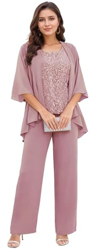 Infuness 3 Teilig Brautmutter Hosenanzug für Hochzeit Pailletten Chiffon Hosenanzug Damen Festlich mit Jacke Große Größen
