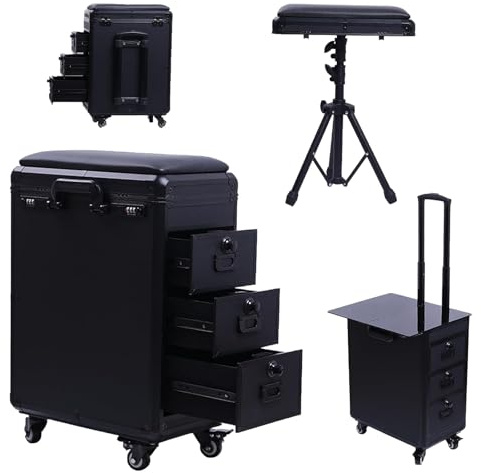 Tattoo-Reisekoffer, Rollkoffer Mit 3 Schubladen, 2-in-1-Tattoo-Tisch Mit Verstellbarer Armlehne, Ideal Für Make-up-Artists Und Nageldesigner, Schwarz