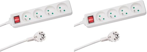 Perel Steckdosenleiste 4-Fach, Mehrfachsteckdose mit Schalter, Steckerleiste 4fach, 4 Französische Steckdosen Typ E mit Erdungsstift, Kabel 3 m, 3G1.5, für innen, weiß (Packung mit 2)