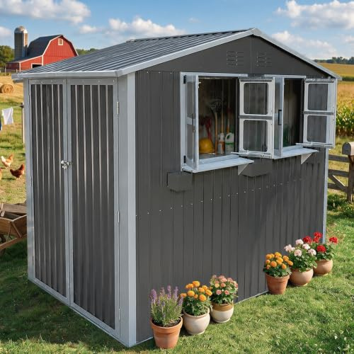 Capanno per attrezzi in metallo con tetto a due spioventi, porta, serratura, finestra e portafiori, 4,33 m², capanno porta attrezzi in acciaio per giardino, resistente agli agenti atmosferici, capanno
