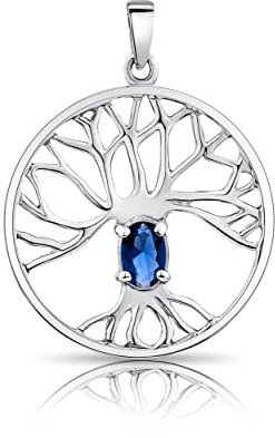 DTPsilver® Collier avec Pendentif Arbre de Vie et Cristal en Verre coloré Facetté en Argent Fin 925 - Bleu Saphir