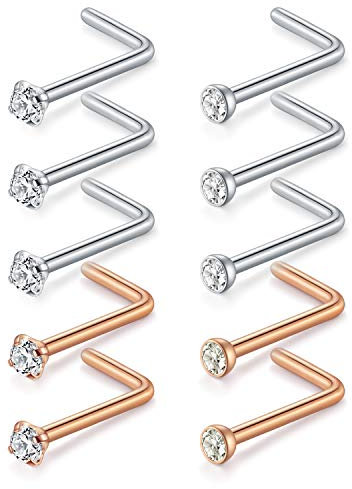 D.Bella Nasenstecker 18G L Form Nasenringe 316L Chirurgenstahl Nasenpiercing Ohrstecker mit 2.0mm Zirconia Nase Nostril Piercing Stecker 10 Stk Silber und Rosegold Farbe