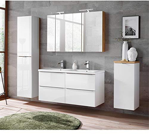 Lomadox Badmöbel Set mit Doppel-Waschtisch 120cm aus Keramik 120cm, und 2 Spiegelschränken Hochglanz weiß & Wotaneiche Breite 230cm