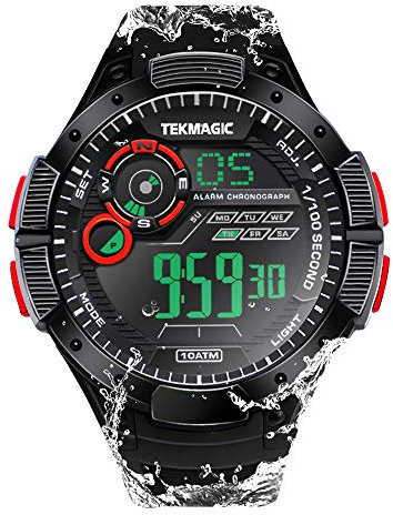 TEKMAGIC Orologio Polso Uomo Impermeabile 10 Atmosfere per Subacqueo e Nuoto con Cronometro, Sveglia, Cronografo, Calendario, Timer, Doppio Orario, Formato 12 o 24 Ore, Retroilluminazione