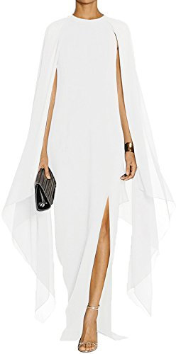 MAYFASEY Women's Elegant High Split Flare Sleeve Formal Evening Gowns Maxi Dress with Cape - White - Large