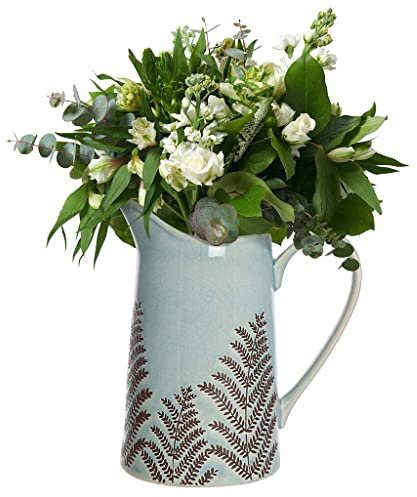 Flower Vase Windowsill Pitcher Jug Flower Display Blue Embossed Fern Leaf Vase Spring Summer Wedding Anniversary Housewarming Decor (BR21)