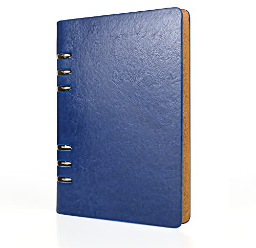 SIMDAO A5 Leder-Notizbuch, Nachfüllbar, Recyceltes Tagebuch 6 Löcher, Ringe, lose Tasche, Leder, nachfüllbar, Hardcover, Tagebuch, Notizbuch für Reisen Studieren, Business, Schreiben(Blau)