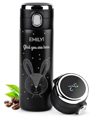 Maverton Engraved LED Thermal Tumbler for Women - Stylish Steel Made 400 ml Mug for Birthday - Engraved Travel Mug for Lady - Black Thermos for her - Coffee Mug for Mum - Rabbit