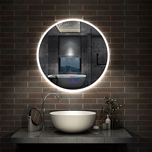 AICA Miroir de Salle de Bain Rond LED 60cm avec Bluetooth + Anti-buée + 3 Couleurs + Dimmable, Mural Miroir Lumineux avec Interrupteur Tactile à capteur Miroir Rond