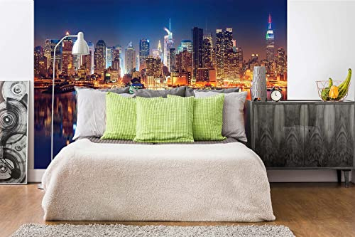 Non-woven photo wallpaper NEW YORK PANORAMA AT NIGHT 375 x 250 cm (incl. paste) - non-woven wallpaper, wall mural, wall art - wallpaper for living room, bedroom, office, kitchen - ready to install