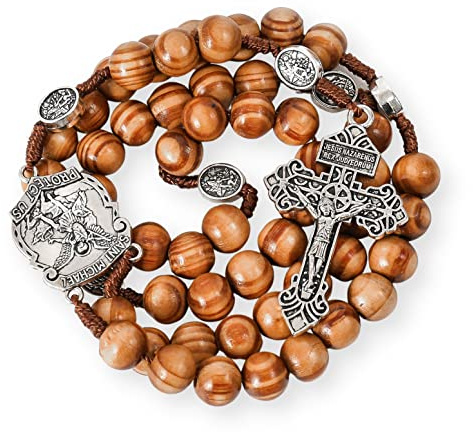 Nazareth Store Chaplet de prière sacré en bois massif avec croix médaille de Saint Michel et crucifix en argent