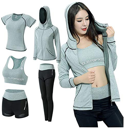 5 Teiliges Yoga Set S-3XL Sommer Sport Sonnenschutz Set Yoga Tops Weste Sport Shorts Kapuze Langarm Tunika Jacke Blousen Lange Hose Training Running Gym Herbst Winter Fitness FüR Teenager MäDchen