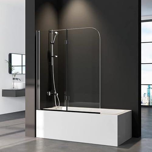 Duschwand für Badewanne 2-teilig Faltbar 100x140cm Schwarz Badewannenaufsatz, Klappbar Glas Duschabtrennung für Badewanne aus 6mm Sicherheitsglas (ESG) mit Nano Beschichtung