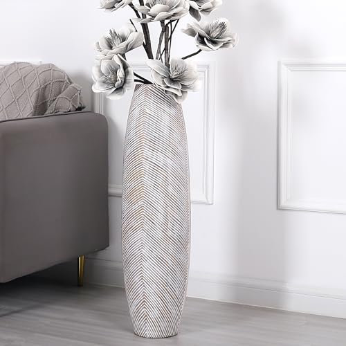 Leewadee Grand Vase A Poser Au Sol 80 cm Haut - Vase De Sol pour Fleur Ou Pampa, White Wash, Résine