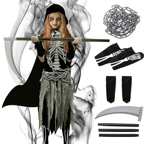 Kitimi Costume Mietitore Bambino, Grim Reaper Costume con Occhiali Luminosi Falce Della Morte Catene Guanti Cintura, Vestito di Halloween per Ragazze Costume Morte Halloween Carnevale(ragazza S)