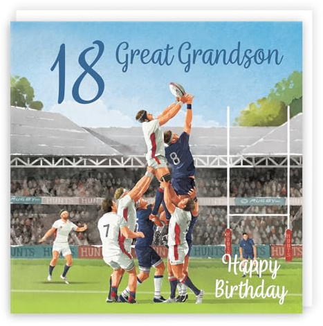 Hunts England - Geburtstagskarte zum 18. Urenkel Rugby – Milo's Gallery – Geburtstagskarte zum 18. Geburtstag für Urenkel – Geburtstagskarte für 18 Jahre alten Rugby-Fan – Alter 18 Jahre