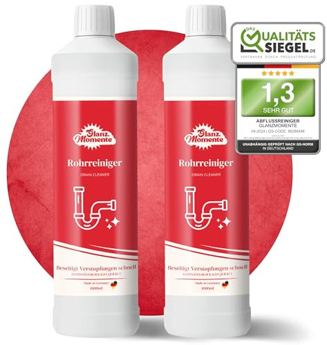 GLANZMOMENTE® Rohrreiniger 2x1000ml – POWER FORMEL – Rohrfrei Extra Stark – Gegen Haare und Rohrschlamm – Materialschonend – Drain Cleaner – Abflussfrei - Verstopfung Abfluss – Made in Germany