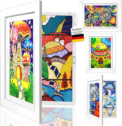 Swetfela Bilderrahmen Kinderzeichnungen,Bilderrahmen für Kinderzeichnungen Frontöffnung,Rahmen für Kinderzeichnungen Klappbarer,Kinder Kunst Bilderrahmen für Schulen,Haushalte und Kunstgalerien(Weiss)