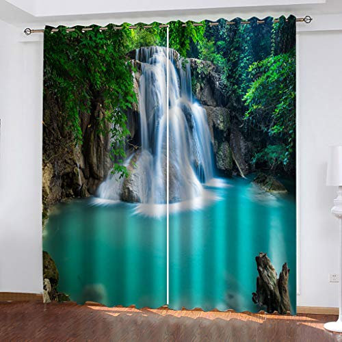 Rideau Occultant 240X230Cm (LxH) Lot De 2, 3D Paysage De Cascade De Lac Vert Imprimé Motif Rideaux À Oeillets Opaque pour Salon Chambre, Isolant Thermique Et Sonore Fenêtre Décoration