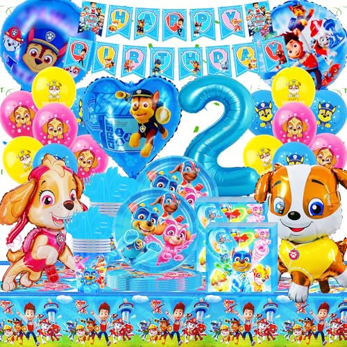 Paw Patro Geburtstag Deko 2 Jahre, Gozuein Hund Dog Geburtstagsdeko, 93 Stück Paw Patro Geschirr Geburtstag Partydekoration Junge mit Banner Ballon Pappteller Tischdecke Servietten Theme Party Set