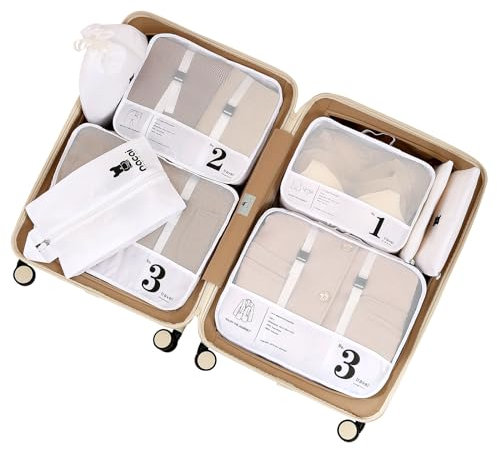 Lammcou Koffer Organizer, 8-Teilige Packwürfel Set Packing Cubes, Kleidertaschen Packtaschen mit Kosmetiktasche, Schuhe Beutel, Travel Essentials Ordnungssystem für Urlaub & Reisen (Weiß)