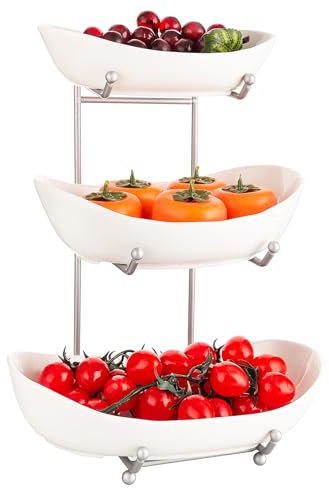 XUDREZ Obst Etagere mit 3 Etagen Obstschalen aus Keramik, Platzsparendes Obstkorb Etagere für die Familie - Moderne Obstschale, Geeignet für Gemüse, Obst, Snacks, Süßigkeiten (White C)