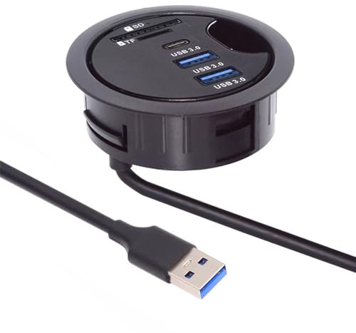 Cablecc Hub USB 3.0 a 2 porte SD TF USB-C USB Splitter 60 mm Desk Grommet docking station lettore di schede Micro-SD per PC desktop (USB3.0+USB-C+SD/TF)
