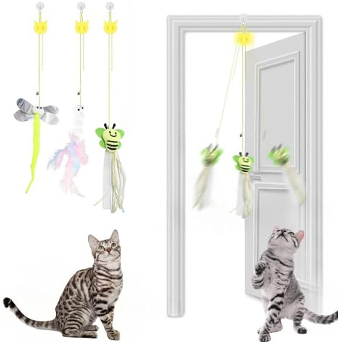 LTMMC 3 Pcs Interactive Cat Toys for Indoor Cats Adult/Kitte with Feather/Bell/Sequin Rattle Paper, Cat Springs Hanging Cat Door Toys to Inspire Cats to Hunt