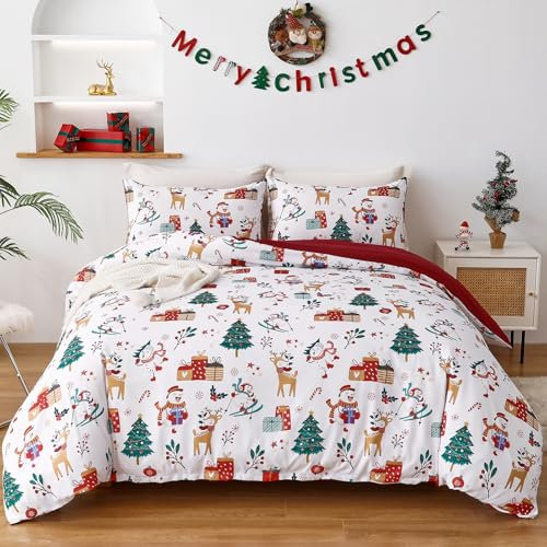 WONGS BEDDING Weihnachts Bettwäsche 200x200 - Weihnachtsmann Bettbezug Mit Schneeflocken, Schneemänner, Weihnachtsbäume und Rentier - Reißverschluss und 2 Kissenbezug 80x80