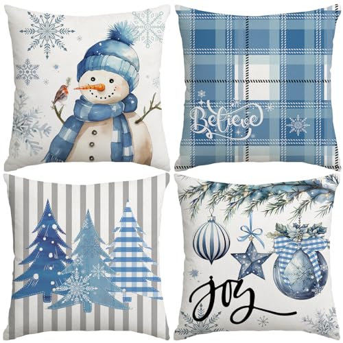 Miaikoe Weihnachtskissenbezüge 50x50 cm Set von 4, Dekorative Bauernhaus Schneemann Freude Glauben Weihnachtsbaum Blaue Kissenbezüge für Winter Holiday Home Decor Dekoration