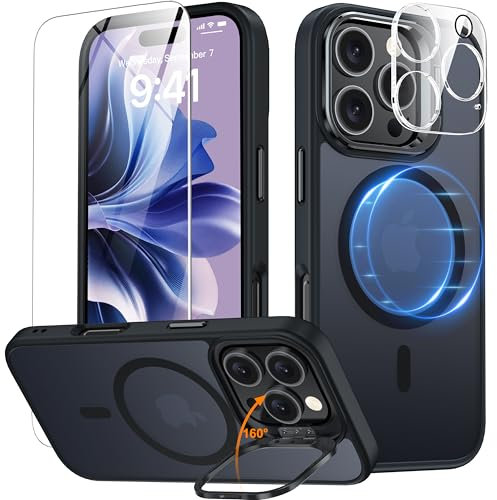 Oterkin Magnetic & Stand for iPhone 16 Pro Max Case with 9H Screen & Lens Protector[Fit for Magsafe][Metal KickStand][Colorful Frame] Translucent Matte Back Shockproof Phone Case for iPhone 16 Pro Max