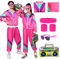 Déguisement Année 80 Homme Femme Costumes Années 90 Survêtement Rétro Disco Hippie Adulte Veste Pantalon Accessoires Lunettes Carnaval Halloween (Rose, S)