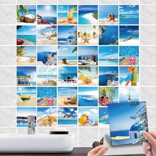 36 Stück Fliesenaufkleber Bad & Badezimmer Selbstklebende- Fliesenfolie PVC mit Strand Meerblick & Seestern-Wasserdicht Fliesensticker für Wand-fliesen Dekorative (04, 20x20cm)