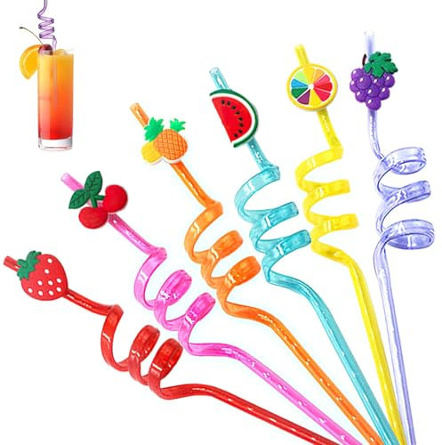 Colorful Curly Plastic Straws - 6 Pack Fun Fruit Party Reusable Drinking Straws for Kids' Parties Family Gatherings and More