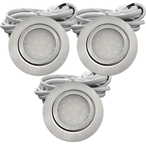 3er Set IP44 LED Möbeleinbauleuchten 12V DC, extra flach, 2,4W Spot New Lina, 200lm, Silber (4000K) Neutralweiß, Bohrloch: 54-60mm, 2m Kabel mit AMP-Stecker. Für Möbel, Küche, Bad, Decken usw.