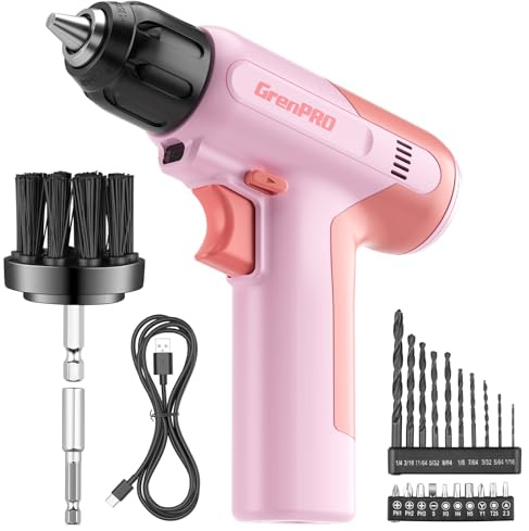 GRENPRO Cordless Drill, 7.2V Power Drill Set with 23pcs Acessories, 3/8 Keyless Chuck, Built-in LED, Type-C Charge Cable, Cleaning Brush Head, Pink Electric Screwdriver for Women