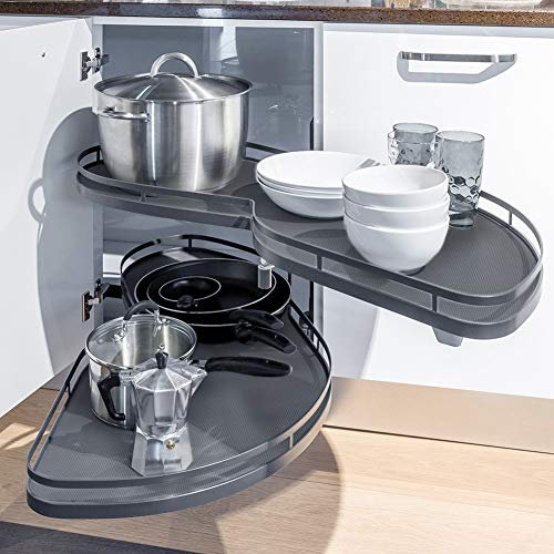 XEMQENER Kitchen Blind Corner Pull-Out Shelving Unit Organizer 2 Tiers Swing Tray for 900-1000mm Cabinet (Grey, Open Right)