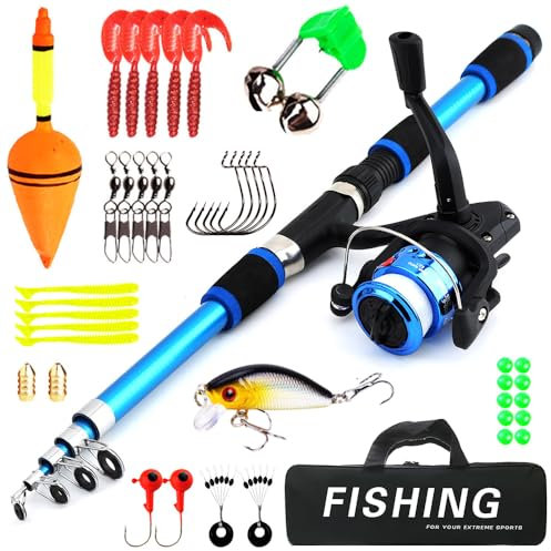 SKIKHN 1,8M Canna da Pesca Bambino, Set Iniziale di Canna da Pesca per Bambini, Set Completo di Canne da Pesce Telescopica con Mulinello, Esche, Filo, Ami, Kit Portatile per Principianti Bambini
