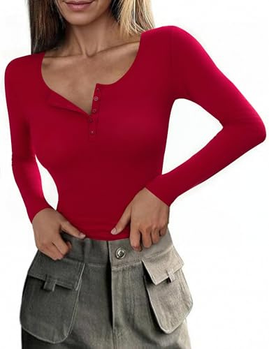 Totatuit Women's T-Shirt Long Sleeve Slim Fit Tops Button Ribbed Long | Slim Fit, Long Sleeve, Button Detail, Round Neck, Ribbed Design
