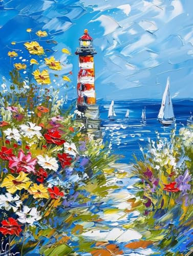 Fleur Peinture Numero Adulte Phare Peinture Numero Enfants Débutants Bricolage Paint by Numbers avec Pinceaux Pigment Acrylique Loisirs Créatifs Adultes Artisanat Cadeaux 30x40cm (avec Cadre) t-X13