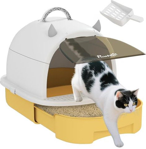 PawHut Arenero para Gatos Cubierto Caja de Arena para Gatos Arenero Cerrado con Tapa Removible Bandeja Extraíble Filtro de Carbono Pala y Asa Superior 40,5x52x39 cm Amarillo y Blanco