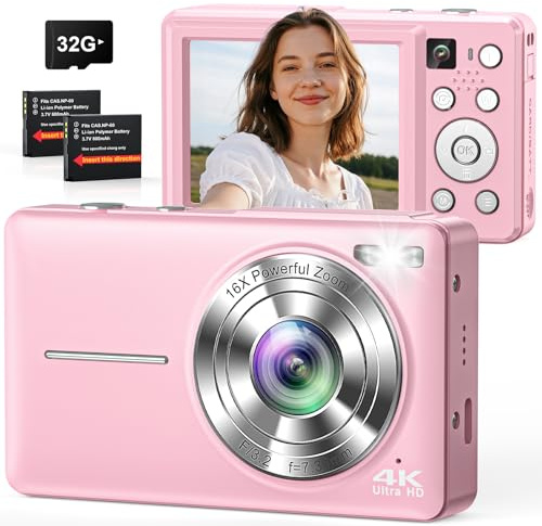 Fotocamera digitale 4K 64MP, Macchina Fotografica Digitale doppia fotocamera con autofocus, flash, zoom 16X, scheda da 32 GB, fotocamera per bambini, adolescenti, e principianti - rosa