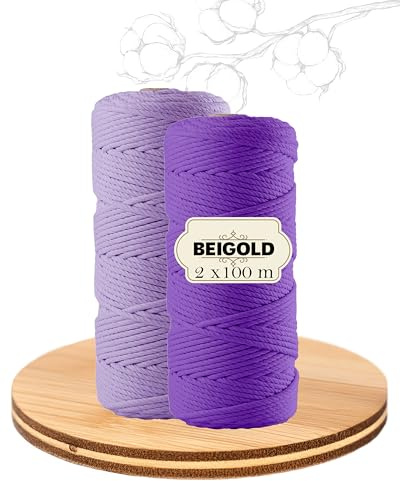 BEIGOLD® Premium Makramee Garn 2er Set Lila (3mm x 100 m) für wunderschöne natürliche Optik. Baumwollgarn für Makramee Kunst DIY Handwerk