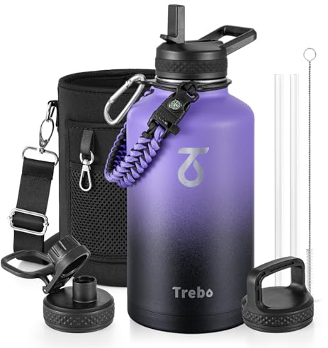 Trebo Water Bottle 2 L with Paracord Handle, Half Gallon Large Vacuum Double Wall Stainless Steel Insulated Water Jug with Holder Strap Straw Spout Lids, Leakproof Keep Cold & Hot,Dark Purple