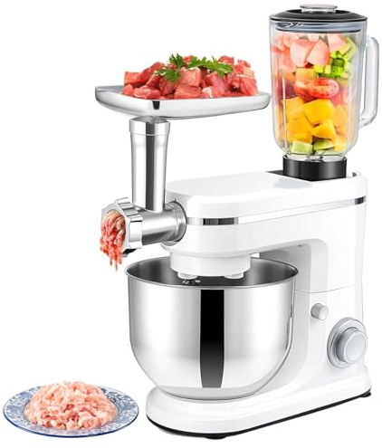 Batidora de pie eléctrica 3 en 1, cuenco de acero inoxidable de 8 L, cabezal inclinable de 6 velocidades con gancho de masa, batidor y batidor de mezcla, molinillo de carne para el hogar
