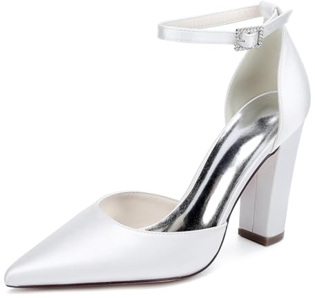LRMYMHY Chaussures De Mariage en Satin À Bretelles De Cheville pour Femmes Talons À Talons Blocs Talons De Mariée À Bout Pointu,Blanc,40 EU