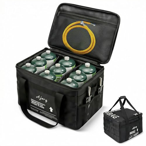 Ajerg 30L Propane Tank Storage Bag for 1LB Propane Tank - Tactical Heavy-Duty Carrier with Dividers, Accessory Pockets & Water-Resistant Base for Camping, RV Travel & Outdoor